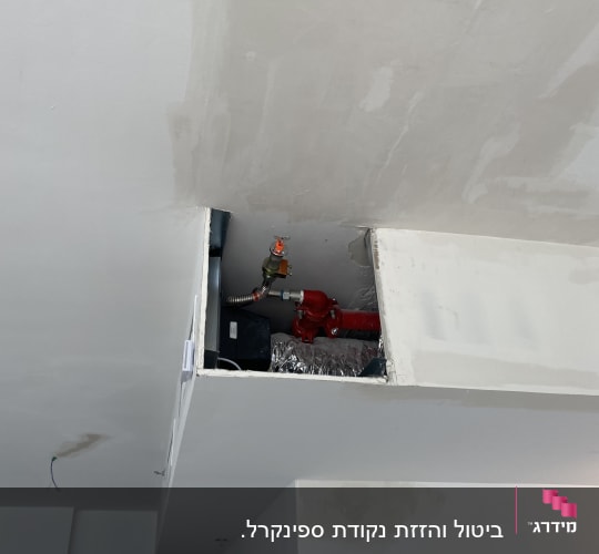 צינור כיבוי אש אדום בתקרה עם שסתום